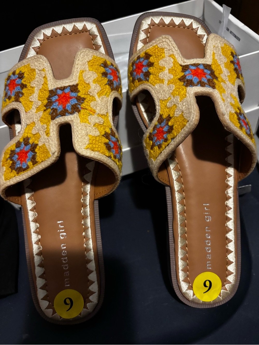 Madden Girl Yellow Crochet Slip-On Sandals with Multicolor Accents